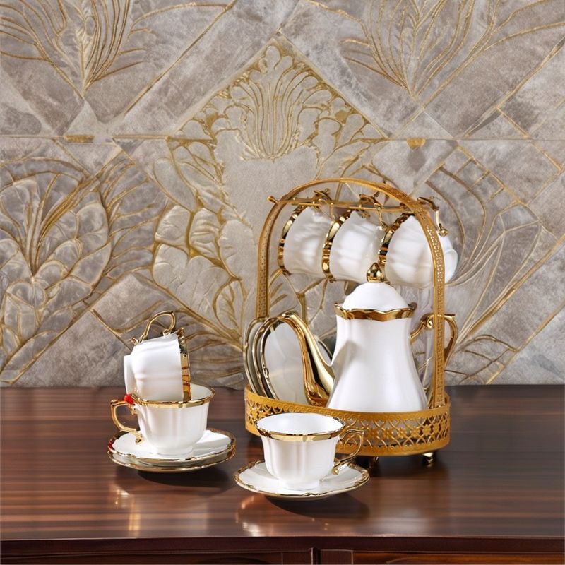 Luxury European Style White Porcelain Tea Cup Set for Home Hotel Restaurant Office