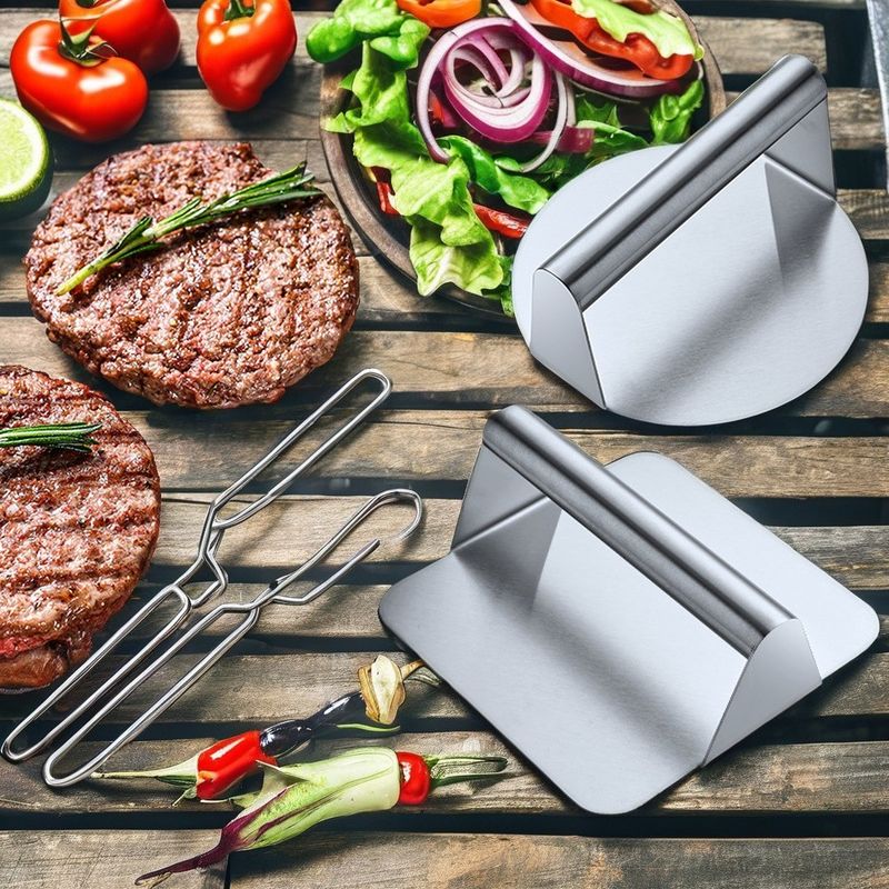 Barbecue Outdoor Cooking Fabric Apron with Non-Stick Stainless Steel Square Burger Smasher