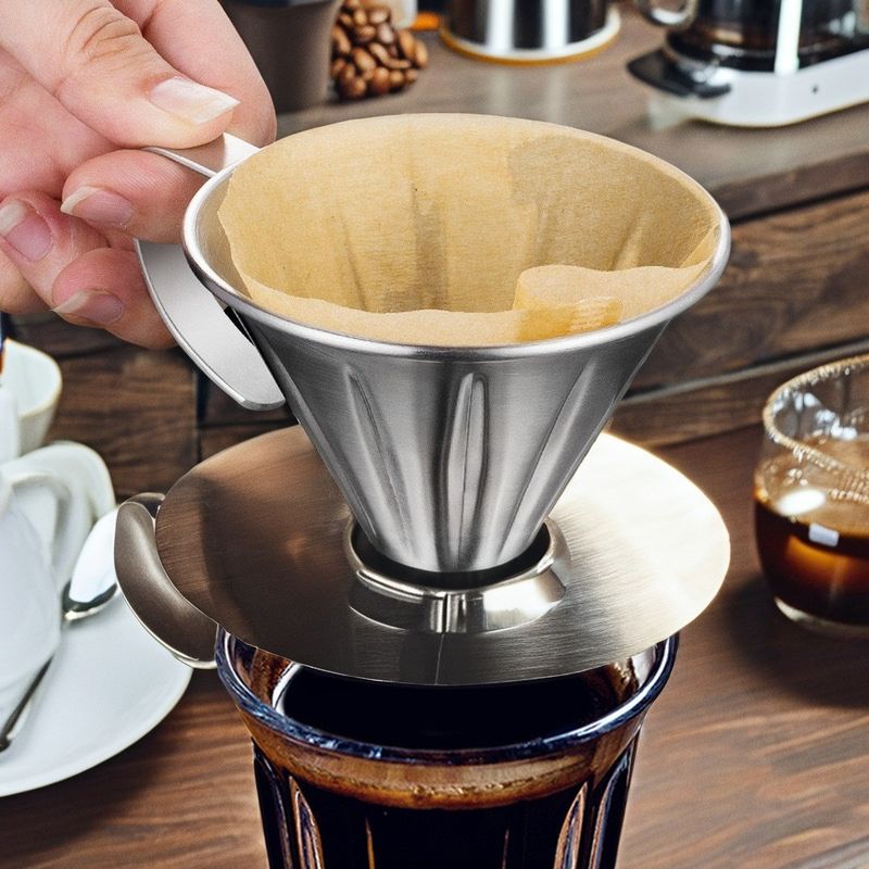 Classic Home Brewing Stainless Steel Coffee Filter Holder with Stocked Dripper and Hand Mesh Surface Treatment