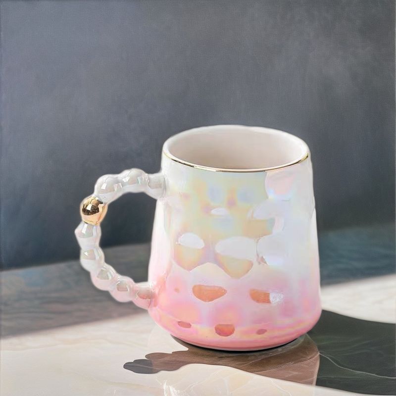 Modern and Eye-catching Trendy Shell Design Pink Pearl Ceramic Mug with Bamboo Saucer