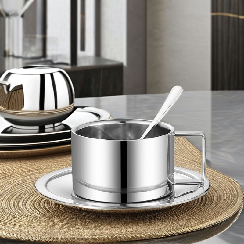 Reusable Stainless Steel and Ceramic Coffee Cup and Tray Set Perfect for Home Hotel or Office