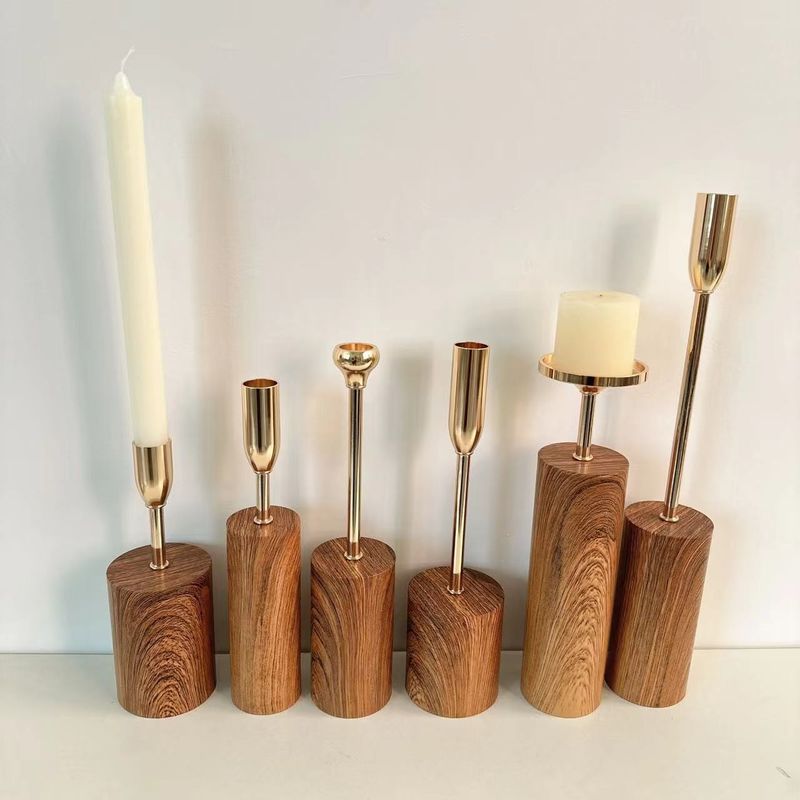Wood Color Pillar Holder 6-Piece Candlestick Set for European-Style Home Decoration