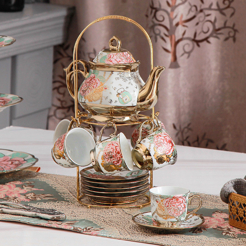 Ceramic Porcelain Coffee Cup Set Modern Luxury Design with Gold Rim and Iron Handle T16