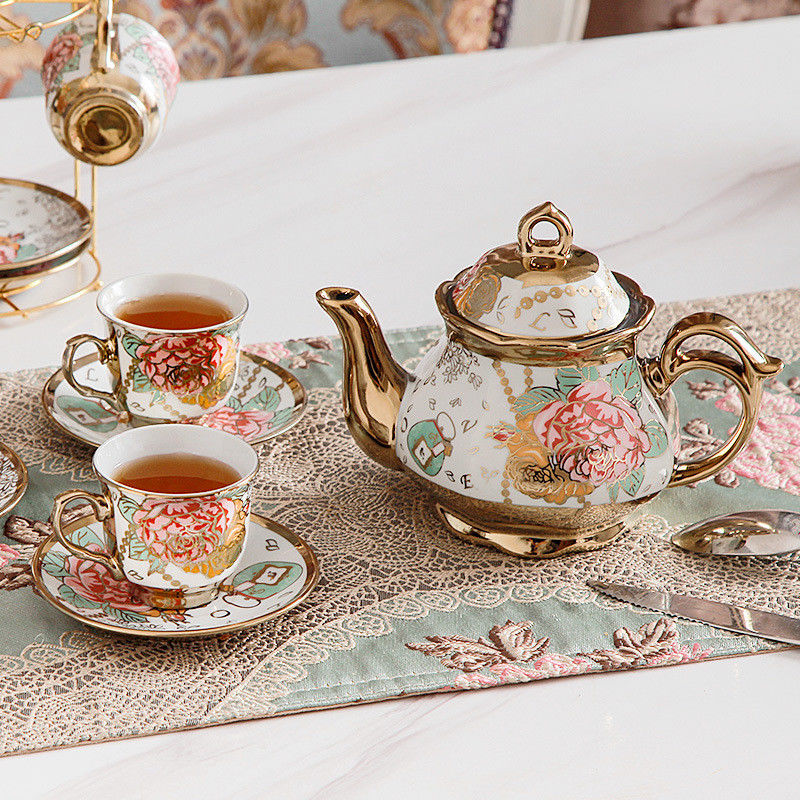 Home Ceramic Tea Set Gold Trim Porcelain Pot Cup and Saucer for Luxury Dinnerware