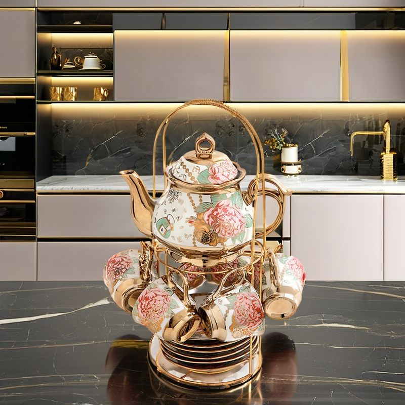 Eco-Friendly Gold Rim Porcelain Cups and Tea Coffee Pot Set for Modern European Style