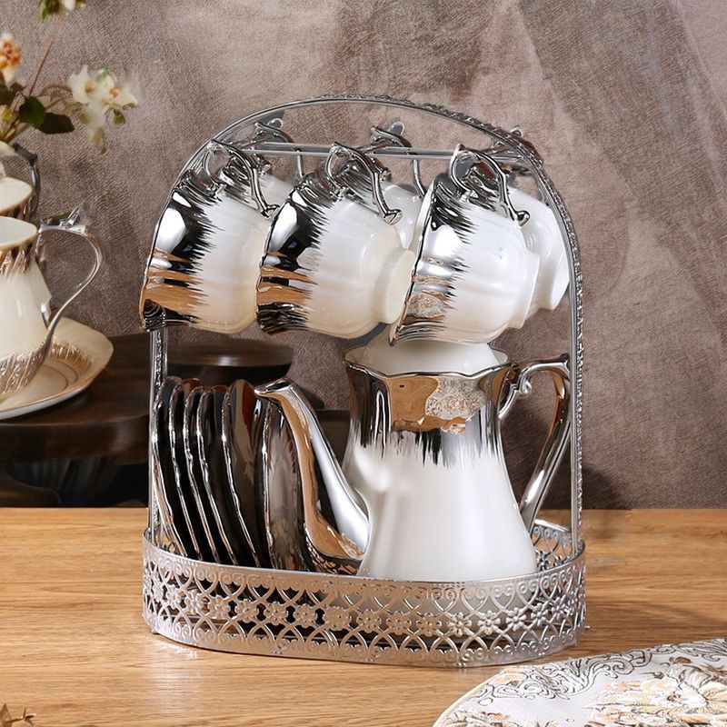 European Style Ceramic Tea Cup Set with Gold Trim for Home Coffee Tea Service Infuser