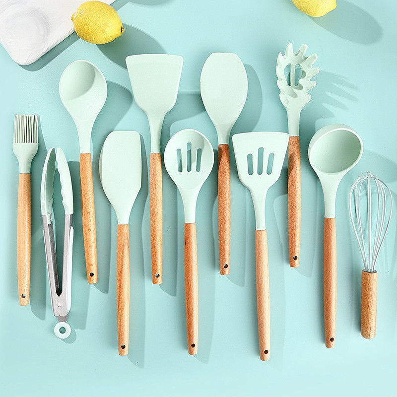Non Stick Pink and Green Silicone Kitchen Utensil Set for Your Cooking Essentials