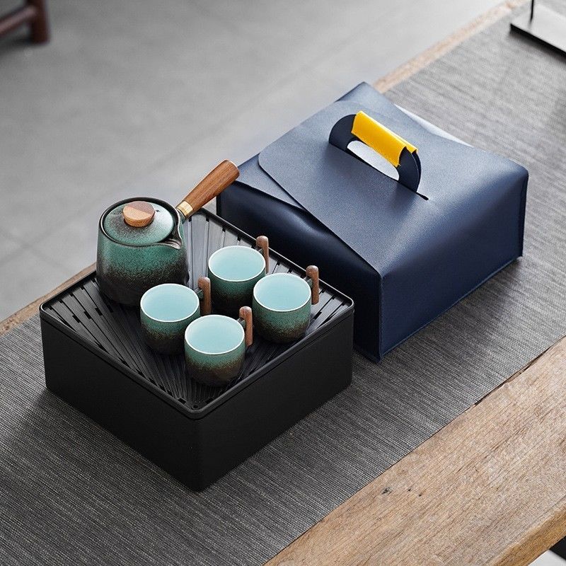 Customized Color Ceramic Kung Fu Tea Set with Wooden Handle and Removable Side Handle