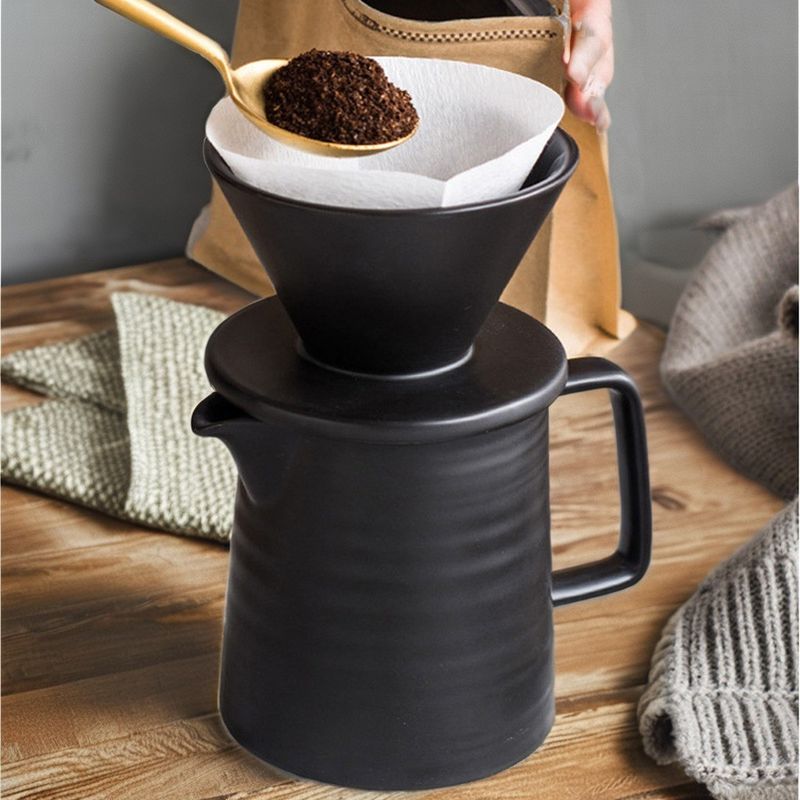 Modern Matte Black Ceramic Coffee Maker Set for Pour Over in Living Room Design Style