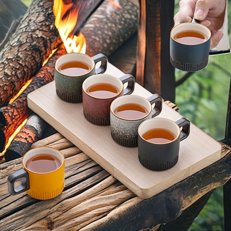 Stacked Coffee Cup with Wooden Handle and Spoon Set Rustic Nordic Style 50ml Ceramic Mug