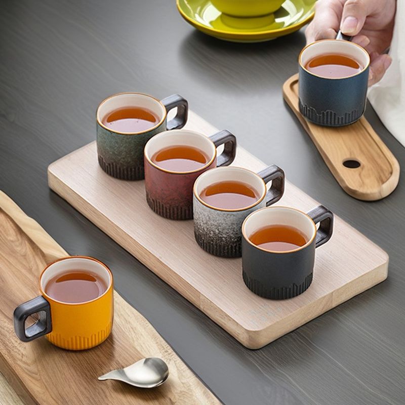 Stackable Coffee Cup Spoon Nordic Style 50ml Country Design Ceramic Mug with Wooden Handle