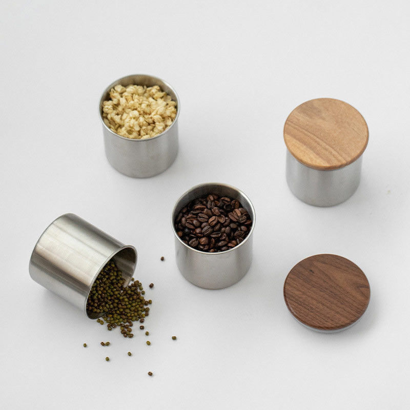 11/12/13/14cm Sizes Modern Design Stainless Steel Vacuum Storage Canister Wooden Lid for Coffee Beans Tea Cereal