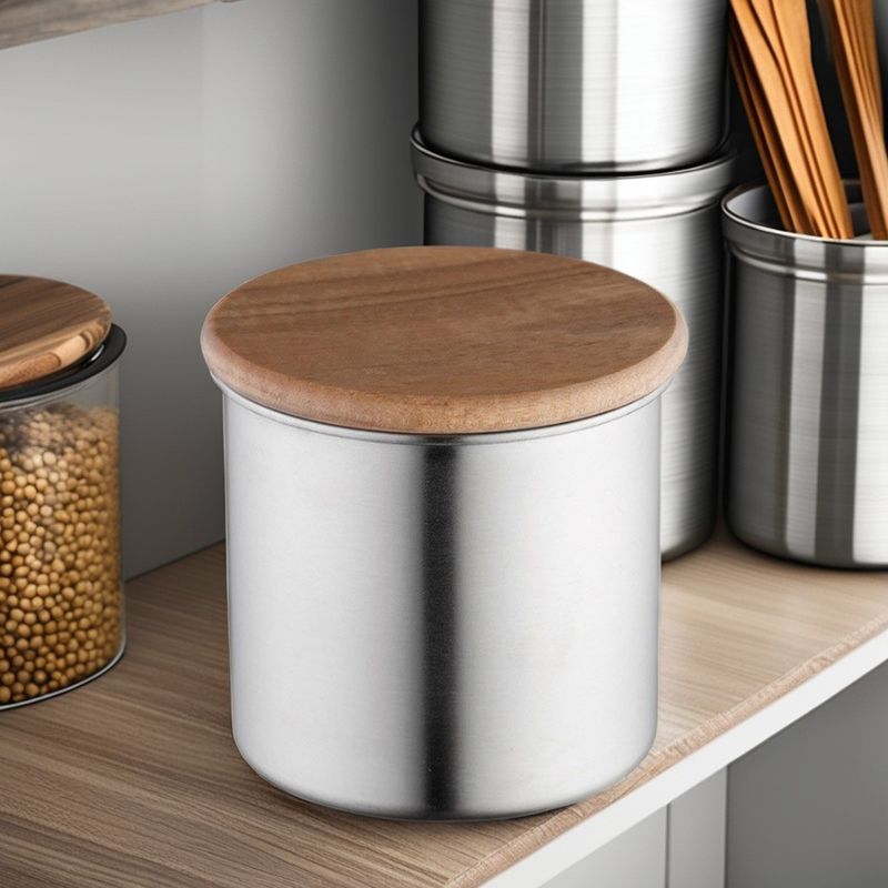 Wooden Lid Coffee Canister Customizable Stainless Steel Vacuum Sealed for Kitchen Storage 8*7.5cm