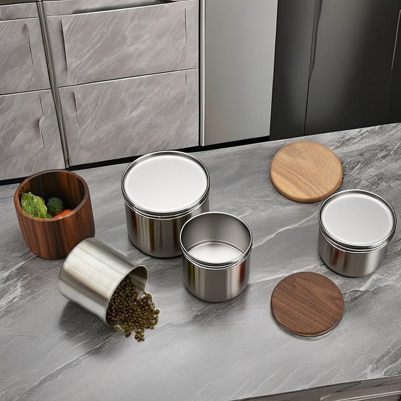 8*7.5cm Carved Stainless Steel Coffee Canister with Modern Wooden Lid and Vacuum Seal