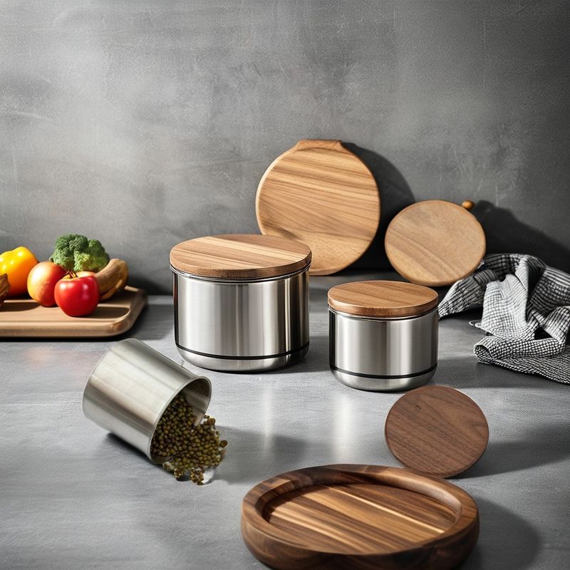 Dried Food Storage Jar 11cm Stainless Steel Vacuum Coffee Canister with Wooden Lid for Kitchen