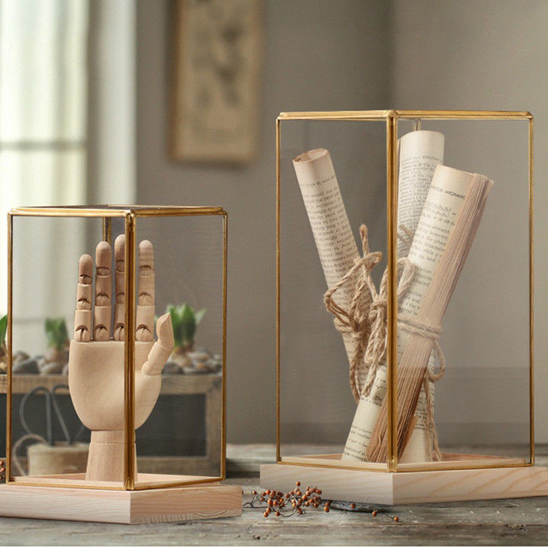 Brass Margin Wooden Base Glass Display Box Customized Color and Size for Home Decor