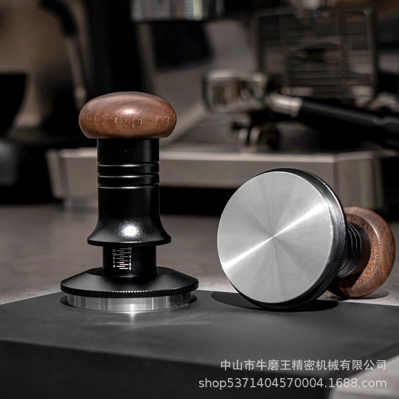 Adjustable Stainless Steel Scaled Base 51/53/58mm Solid Wood Handle Barista Coffee Tamper for Home