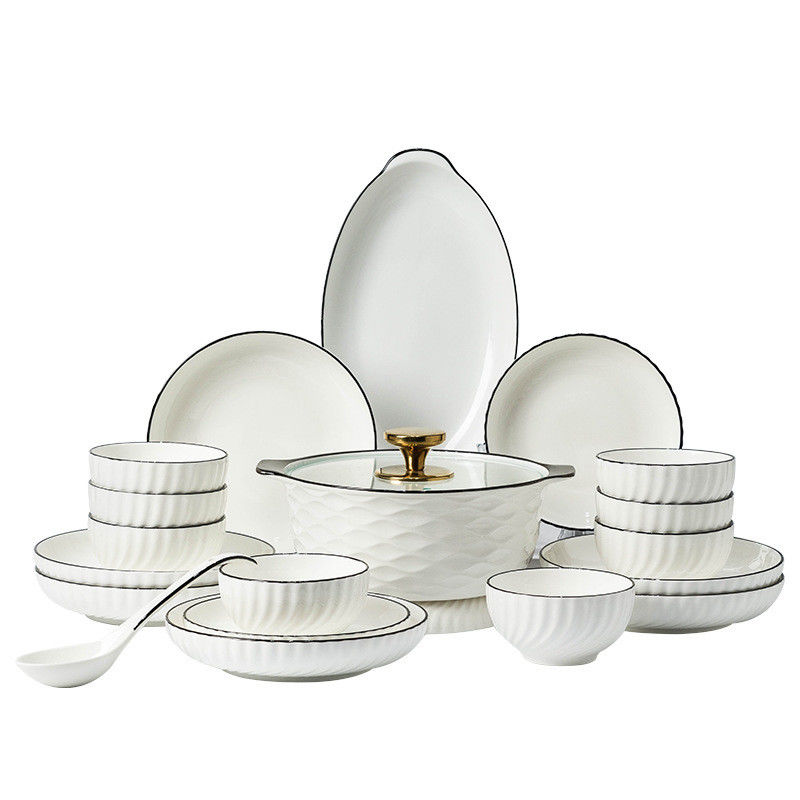 Hotel Restaurant Dining Hall Tableware Ceramic White Porcelain Bowl Plate Set with Black Rim Contemporary Design Style