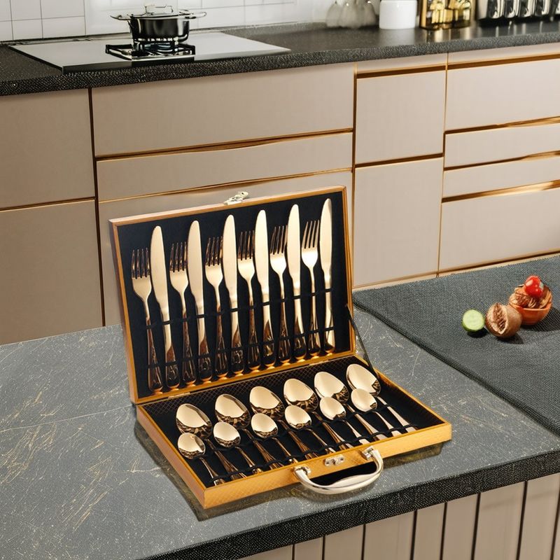 24pcs Luxury Gold Flatware Spoon and Fork Silverware Set for Stainless Steel Hotel Wedding