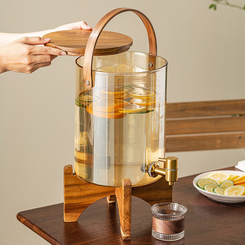 Wooden Bracket Press Type Faucet Glass Dispenser Ideal for Lemon Juice Tea Coffee in Hotel Lobby or Home