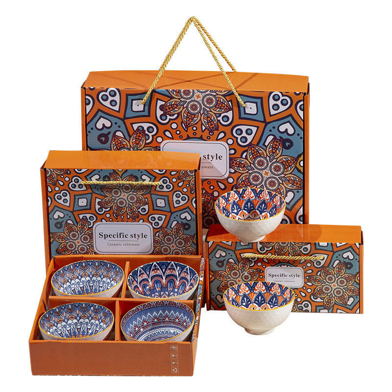 Exquisite Bohemian Design Ceramic Bowl Set of 4 in Gift Box with Plate and Chopsticks