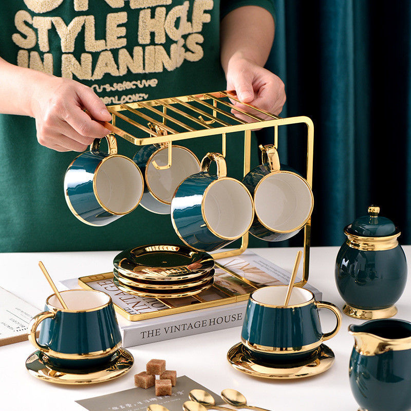 Stocked European Style Ceramic Gold Edge Coffee Cup Set With Saucer And Cup Holder